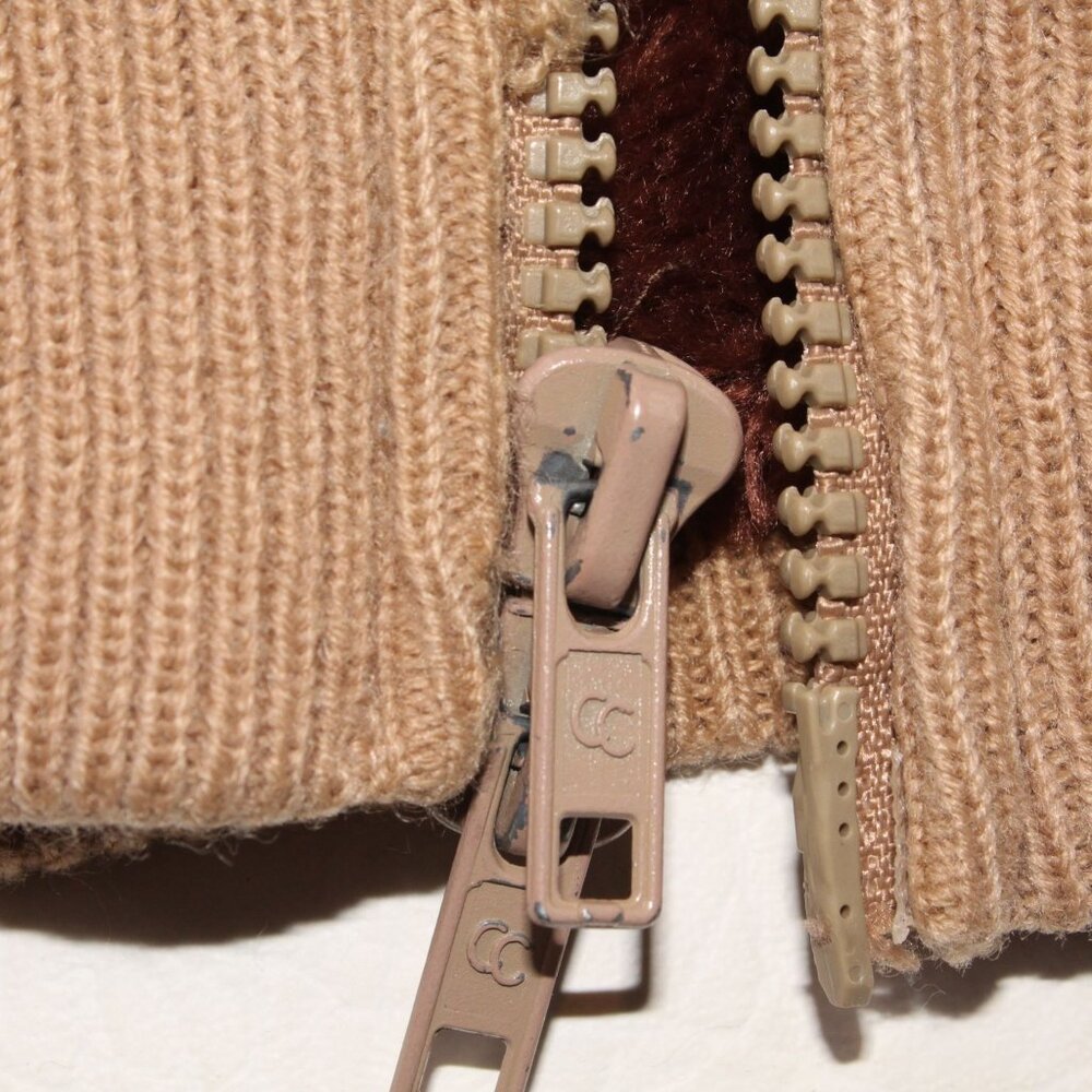 Vintage Montgomery Ward Large Faux Fur Lined Brown Ribbed Knit Sweater Full Zip - Picture 9 of 10